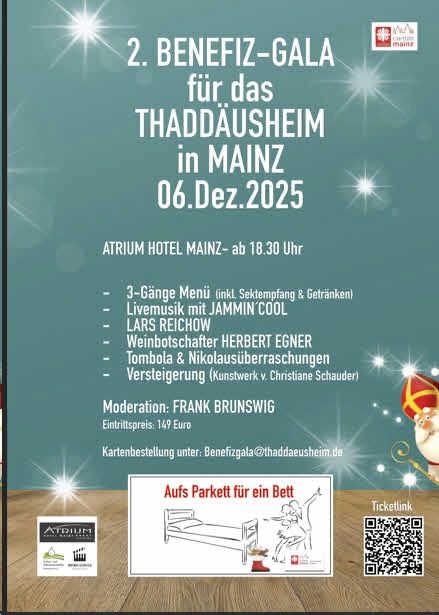 Veranstaltungsplakat für 2. Benefiz-Gala für das Thaddäusheim in Mainz am 06. Dezember 2025 im Atrium Hotel Mainz